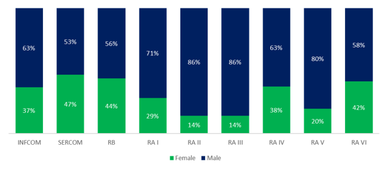 Bar chart showing gender distribution across different departments: INFOCOM (37% female, 63% male), SERCOM (47% female, 53% male), RB (44% female, 56% male), RA I (29% female, 71% male), RA II (14% female, 86% male), RA III (14% female, 86% male), RA IV (38% female, 63% male), RA V (20% female, 80% male), RA VI (42% female, 58% male).