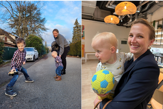 Left image: Two children and a woman playing outside. Right image: A woman holding a child holding a ball inside a room.