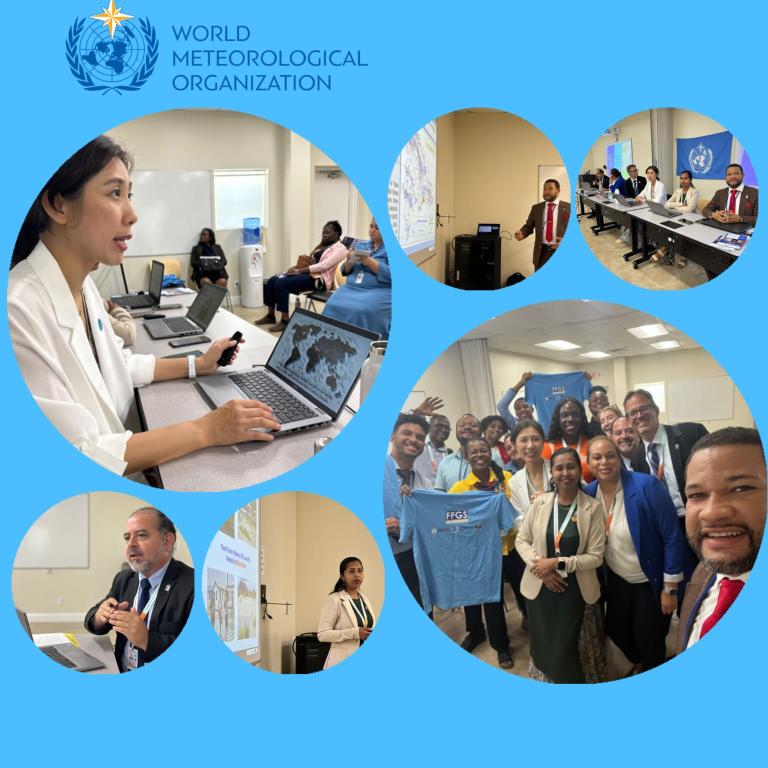 Collage showing people engaged in a meeting at a World Meteorological Organization event. Participants are seen discussing, presenting, and posing for a group photo.