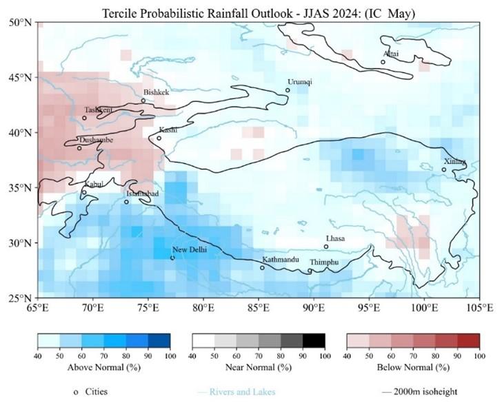 Map displaying the Tercile Probabilistic Rainfall Outlook for JJAS 2024. North India shows above-normal rainfall in brown, while most of South and Central India show below-normal rainfall in blue.