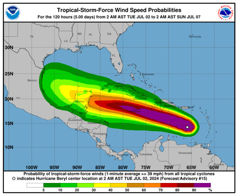 Map showing the probability of tropical-storm-force winds over the next 120 hours. Highest probability areas are in purple (near the cyclone center), decreasing to yellow, green, and gray away from it.