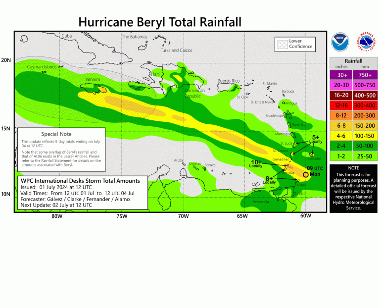 Map showing Hurricane Beryl total rainfall forecast for the Caribbean region with color-coded rainfall amounts, including special note and issuance details by the National Hurricane Center.