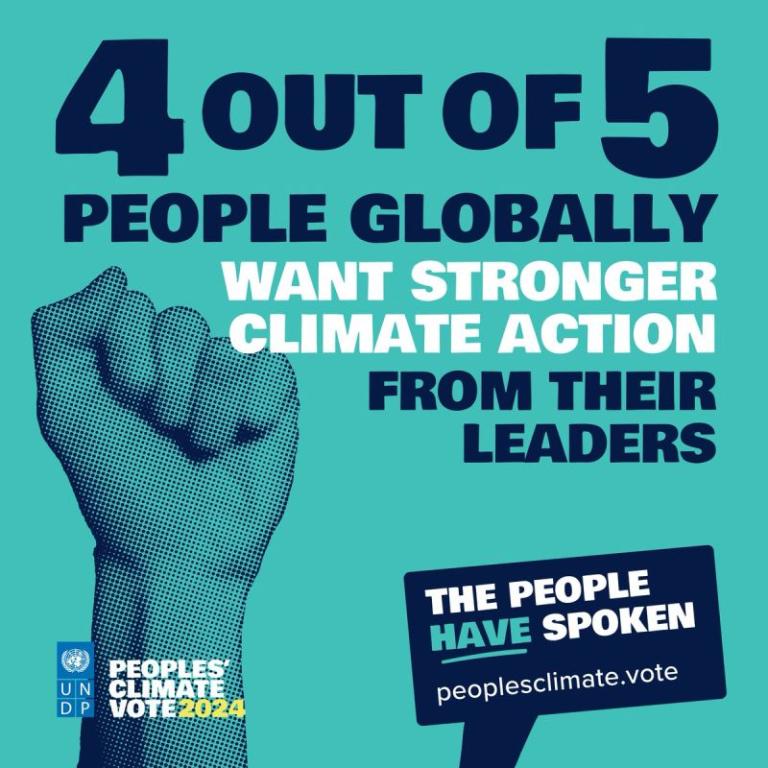 Infographic showing "4 out of 5 people globally want stronger climate action from their leaders," with the UNDP logo and a clenched fist graphic. Text includes "The people have spoken" and "peoplesclimate.vote.