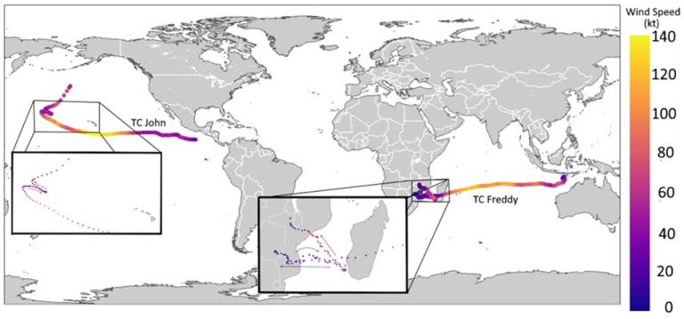 A world map displays the paths of Tropical Cyclones John and Freddy with colors indicating wind speeds ranging from 0 to 140 knots. Inset boxes provide detailed views of their respective tracks.