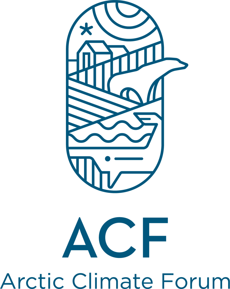 ACF Arctic Climate Forum logo featuring an abstract design of a polar bear, mountains, and waves within a vertical oval shape.