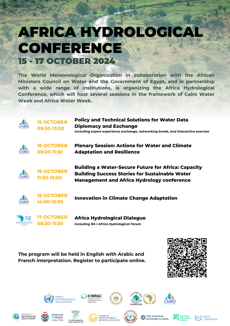 Poster for the Africa Hydrological Conference, hosted by the World Meteorological Organization, October 15-17, 2024, in Cairo. It details event sessions and includes logos of participating organizations.