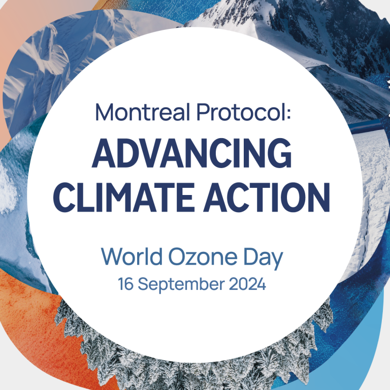 Circular design with various natural landscapes and text in the center reading: "Montreal Protocol: Advancing Climate Action. World Ozone Day, 16 September 2024.