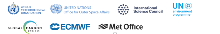 Logos of various organizations including the World Meteorological Organization, United Nations Office for Outer Space Affairs, International Science Council, and others.