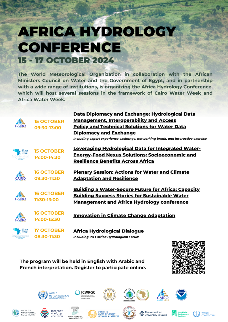 Poster for the Africa Hydrology Conference 2024, outlining event details, schedule, and themes like data diplomacy, policy solutions for water management, and regional cooperation.