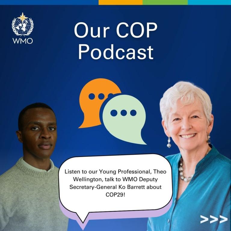 Image promoting "Our COP Podcast" featuring two individuals, with speech bubbles and a text inviting to listen to a conversation about COP29. WMO logo is at the top left.