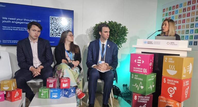 A group of four people sit and listen to a speaker presenting near a display of colorful United Nations Sustainable Development Goals blocks.