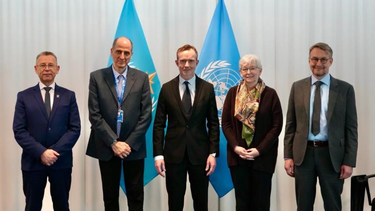 Five people standing in front of two flags in a formal setting, dressed in business attire, facing the camera.