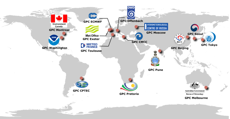 World map showing locations of Global Producing Centres (GPCs) for long-range forecasts, with markers and names for each center across several countries.
