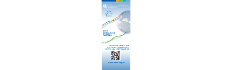 A vertical banner for the Third High-Level Session of the Open Consultative Platform, focusing on public-private partnership for innovation in weather and climate resilience.