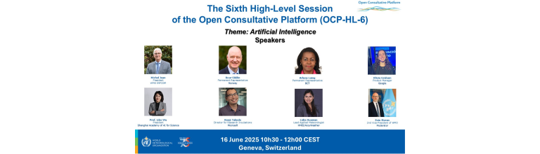 Event poster for the Sixth High-Level Session of the Open Consultative Platform on artificial intelligence, featuring headshots and names of eight speakers. Event date: 16 June 2025, Geneva, Switzerland.