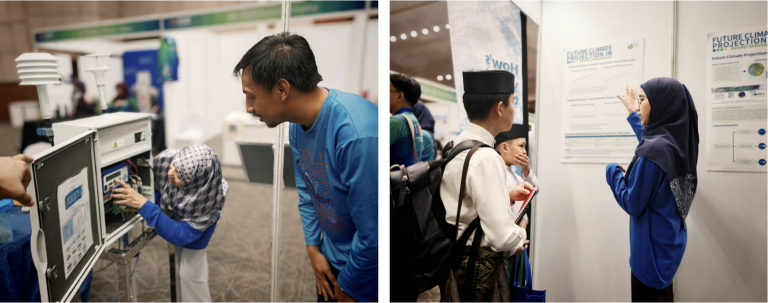 Two photos show people at a science exhibition: on the left, a girl and man examine equipment; on the right, a woman presents information to two attendees.