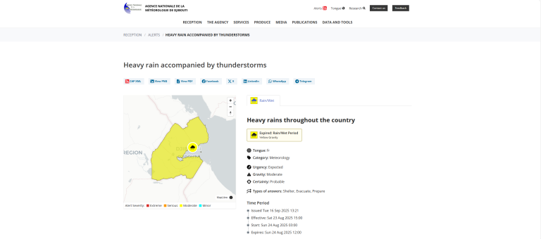 A weather alert map shows a yellow highlighted area for heavy rain with thunderstorms in parts of Saudi Arabia, accompanied by event details and an Impact 2 alert level.