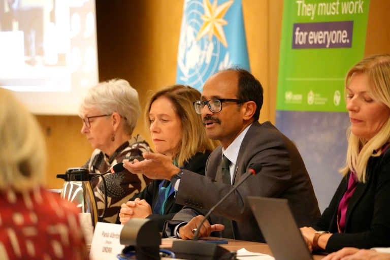Co-chairs and moderators of the EW4All Member States Briefing (from left to right): WMO Deputy Secretary-General Ko Barrett, WMO Secretary-General Prof. Celeste Saulo, Special Representative of the United Nations Secretary-General for Disaster Risk Reduction Kamal Kishore, and UNDRR Director Paola Albrito.