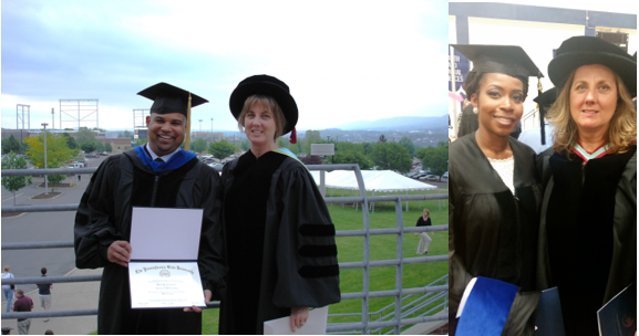 Two pairs of people in graduation gowns pose for photos outdoors and indoors, one pair holding a diploma and the other holding folders.