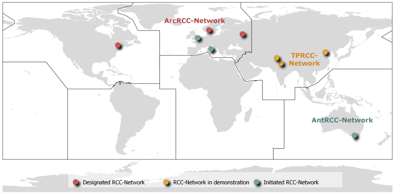 World map showing locations of RCC-Networks: ArcRCC in northern Europe, TPRCC in Asia, AntRCC near Australia, with markers for designated, demonstration, and initiated RCC-Network sites.