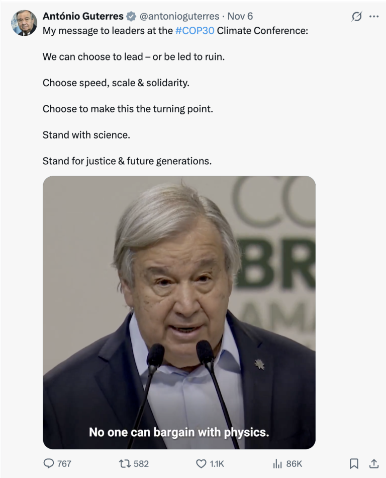 António Guterres speaks at a podium, delivering a speech about climate action; text overlay reads, "No one can bargain with physics.