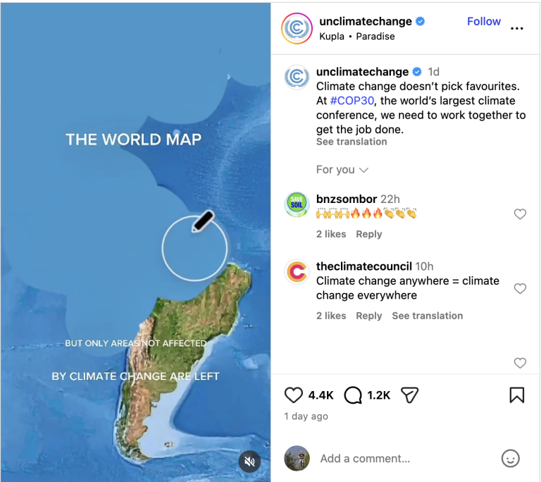 A digital world map highlights a small area in the South Pacific as the only region unaffected by climate change, with surrounding text explaining the context.
