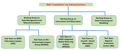 Organizational chart showing the RAI Committee on Infrastructure and its working groups, each with specific task teams related to data, instruments, systems, and observation.