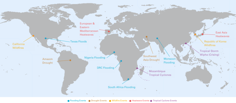 A world map highlights major 2022 climate events, including floods, droughts, wildfires, heatwaves, and tropical cyclones in regions across Africa, Asia, Europe, and the Americas.