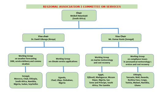 Organizational chart of the Regional Association I Committee on Services, showing chairpersons, vice chairs, and associated working groups by country.