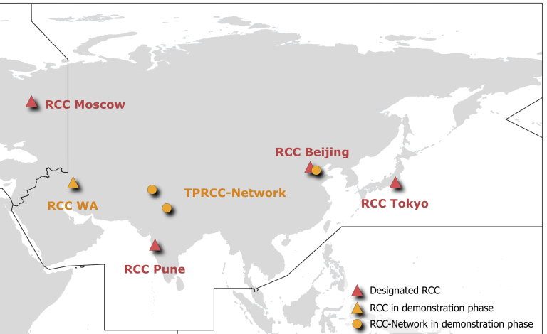 Map of Asia showing locations of RCC Moscow, RCC WA, RCC Pune, RCC Beijing, RCC Tokyo, and TPRCC-Network with symbols indicating designation or demonstration phase.