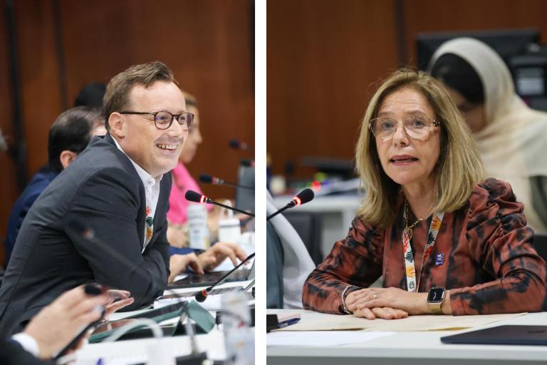 A man and a woman speak into microphones at a conference table during a formal meeting. Multiple people are present in the background.