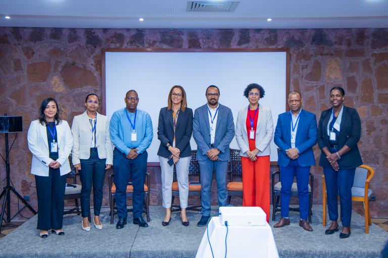 Nine professionals stand side by side on a stage in front of a blank screen, wearing business attire and conference badges.