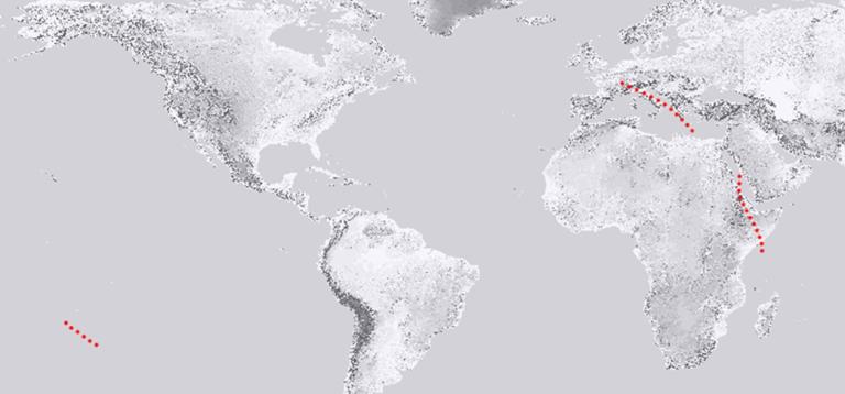 A world map displays scattered red dots marking locations in Western Europe, East Africa, and the central Pacific Ocean.