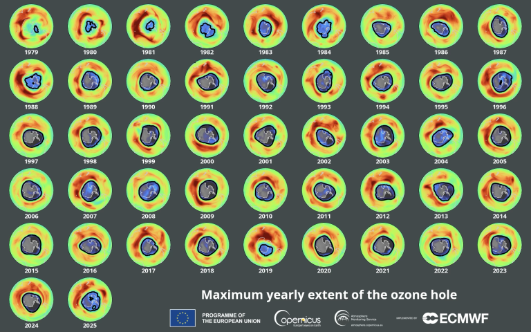 A grid of global maps from 1979 to 2023 shows the maximum yearly extent of the ozone hole over Antarctica, color-coded by ozone concentration.