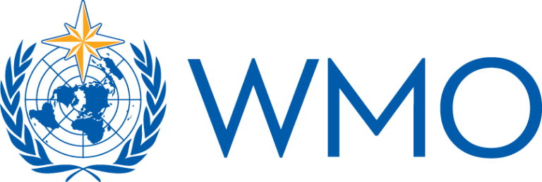 WMO logo featuring a globe with longitude and latitude lines, a gold star above, laurel branches on each side, and the letters "WMO" in blue to the right.