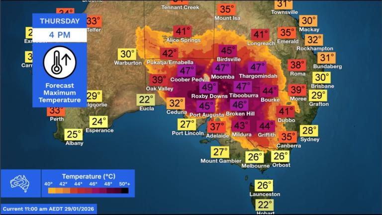 Weather map of southeastern Australia showing forecast temperatures for Thursday at 4 PM, with central regions reaching 49&deg;C and cooler temperatures along the coasts.