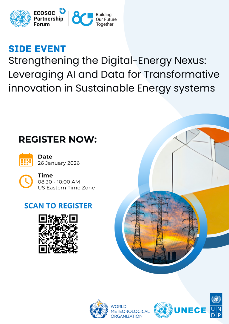 Event flyer for a side event on leveraging AI and data for sustainable energy innovation, with date, time, registration QR code, and logos of partner organizations.
