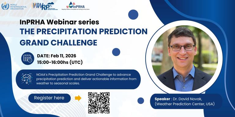 Webinar announcement for "The Precipitation Prediction Grand Challenge" on Feb 11, 2026, featuring speaker Dr. David Novak from the Weather Prediction Center, USA.