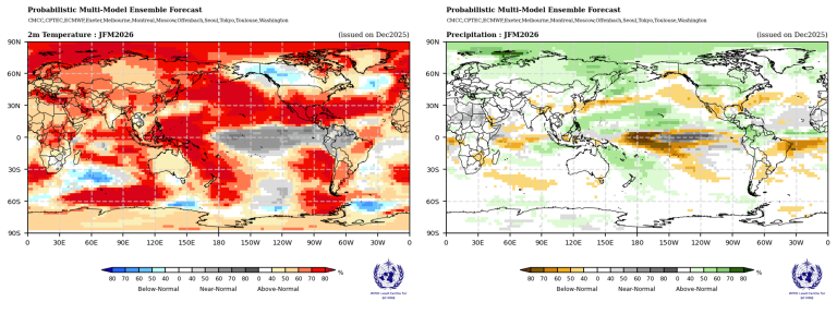 Side-by-side global maps showing probabilistic multi-model forecasts for 2m temperature (left) and precipitation (right) for Dec 2023-Feb 2024, with color scales indicating anomalies.