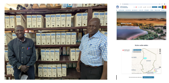 Two men stand in front of shelves filled with labeled files; a computer screen nearby displays a website with a map and landscape image.