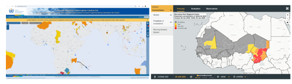 Two maps display cholera outbreak data: the left shows global distribution, while the right focuses on West African countries with regions color-coded by outbreak severity.