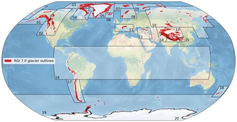 World map showing RGI 7.0 glacier outlines in red, with numbered regions indicating glacier distribution across continents and polar areas.