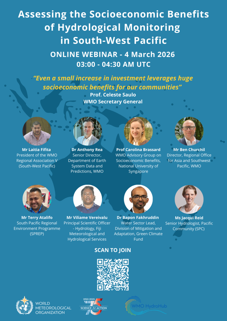 Webinar poster titled "Assessing the Socioeconomic Benefits of Hydrological Monitoring in South-West Pacific," listing event details, speakers’ names, affiliations, and a QR code for more info.