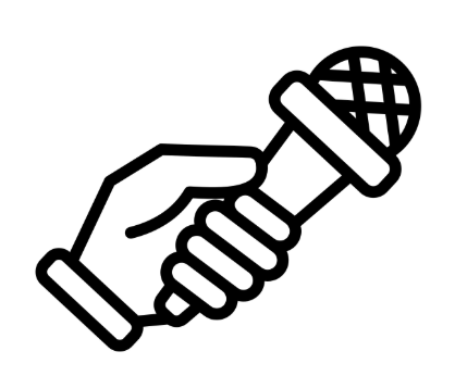 Black and white line drawing of a hand holding a microphone, angled to the right.