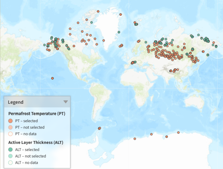 World map showing locations with permafrost temperature and active layer thickness data, indicated by colored dots. Legend explains dot colors for selected and non-selected data points.