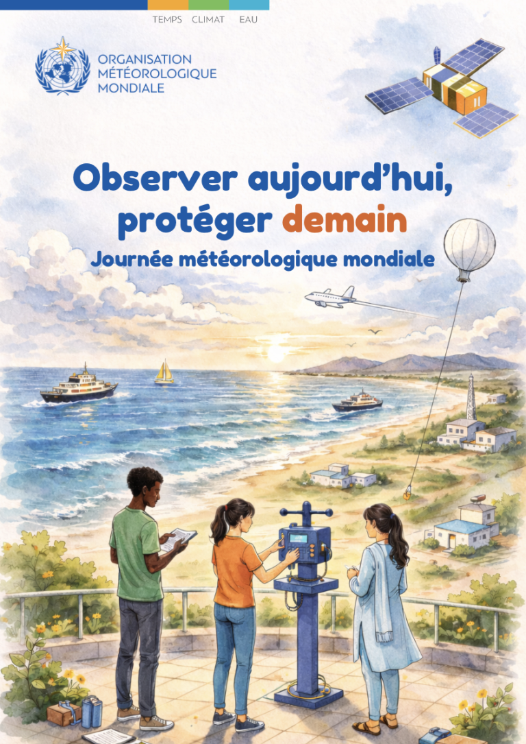 Illustration de personnes utilisant du matériel météorologique en bord de mer, avec des bateaux, une montgolfière, des satellites, le logo et le slogan de l'Organisation météorologique mondiale en français.