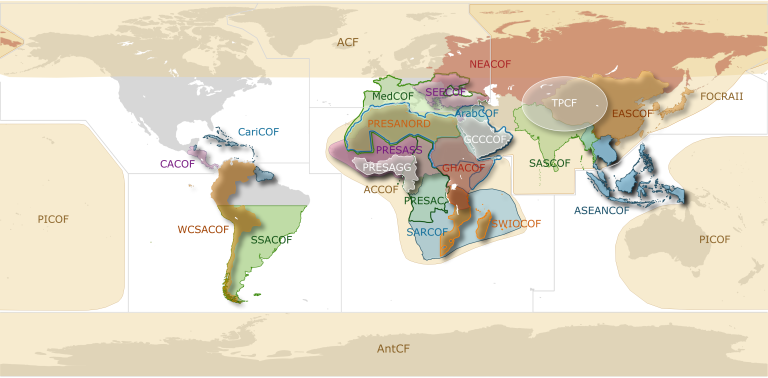 World map displaying regional climate outlook forums (RCOFs) across continents, each marked with colored, overlapping zones and labeled acronyms. No other features or data shown.