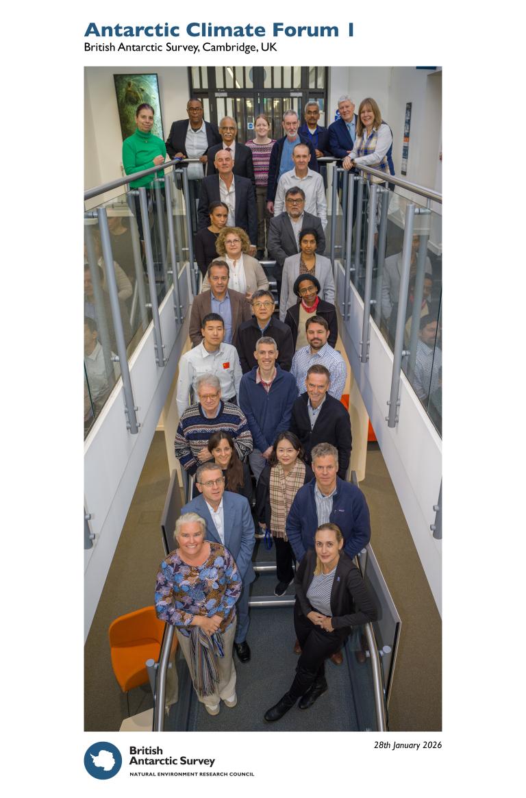 A group of people stand on indoor staircases and landings at the Antarctic Climate Forum I, organized by the British Antarctic Survey in Cambridge, UK, on 28 January 2026.