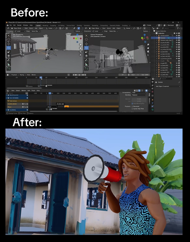 Before: A 3D animation scene shown in Blender software. After: Rendered image of a character holding a megaphone outside a building with green plants nearby.
