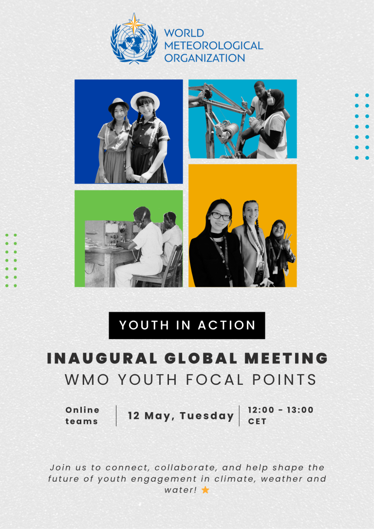 Poster for the WMO Inaugural Global Meeting, featuring youth in various activities, event details, and a call to engage in climate, weather, and water discussions on May 12.